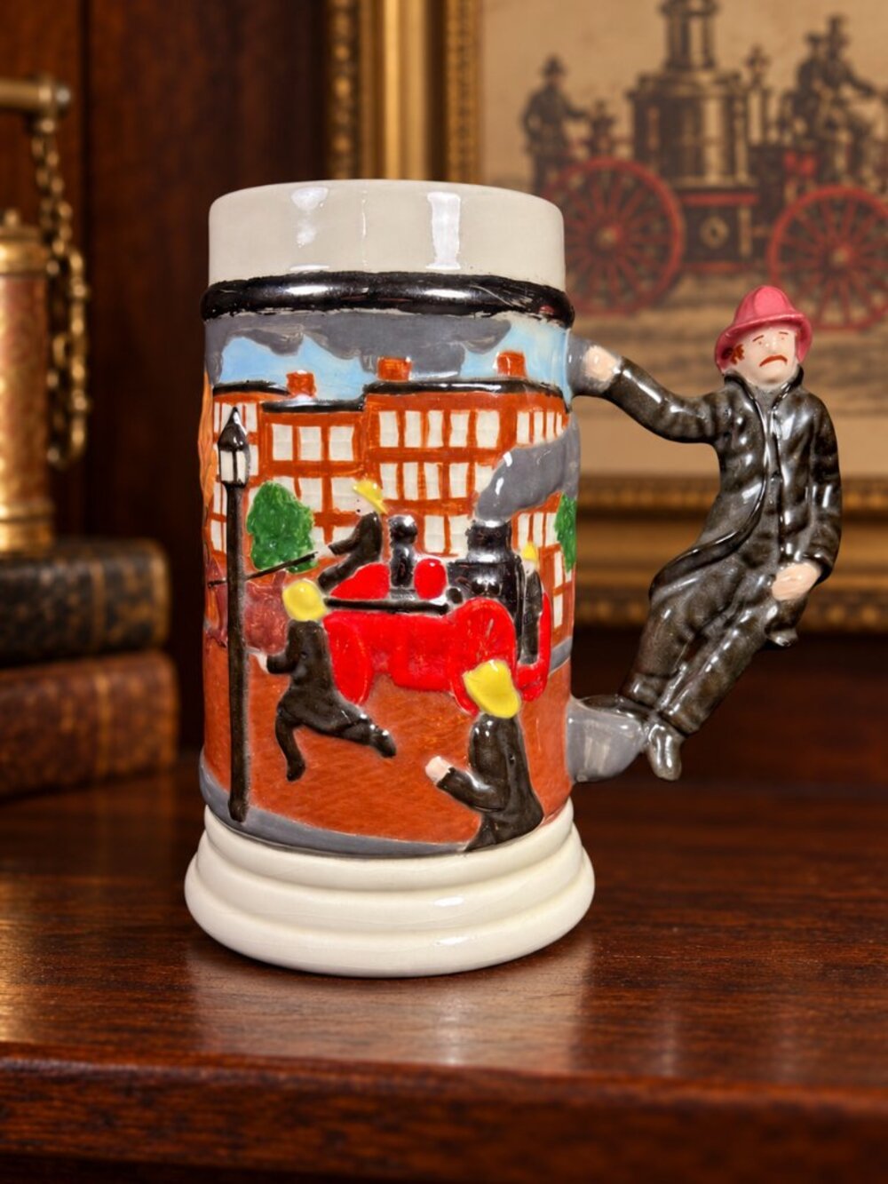 Ceramic Firefighter Beer Stein Tankard Figural Fireman Handle Fire Engine Scene